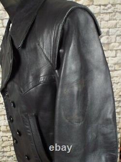 1940's German Leather Jacket L Black Vintage Police Kriegsmarine Pea Coat WW2