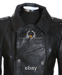 German Naval Black Men's New Military WW2 Real Cowhide Leather Jacket Pea Coat
