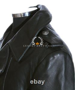 German Naval Black Men's New Military WW2 Real Cowhide Leather Jacket Pea Coat