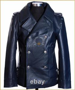 German Naval Navy Blue Men's Military WW2 Real Cowhide Leather Jacket Pea Coat