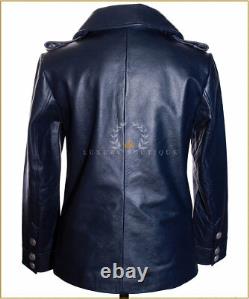 German Naval Navy Blue Men's Military WW2 Real Cowhide Leather Jacket Pea Coat