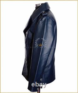 German Naval Navy Blue Men's Military WW2 Real Cowhide Leather Jacket Pea Coat