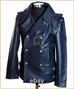 German Naval Navy Blue Men's Military WW2 Real Cowhide Leather Jacket Pea Coat