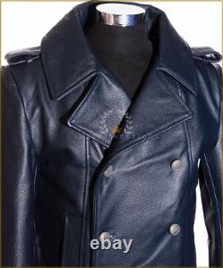 German Naval Navy Blue Men's Military WW2 Real Cowhide Leather Jacket Pea Coat