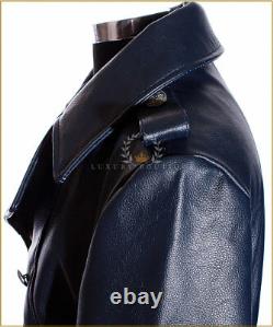 German Naval Navy Blue Men's Military WW2 Real Cowhide Leather Jacket Pea Coat