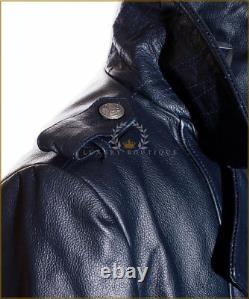 German Naval Navy Blue Men's Military WW2 Real Cowhide Leather Jacket Pea Coat