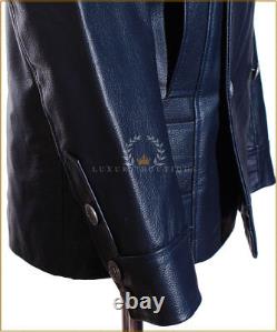 German Naval Navy Blue Men's Military WW2 Real Cowhide Leather Jacket Pea Coat