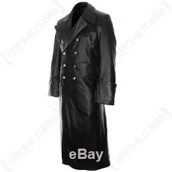 German Officer Leather Great Coat Black Leather WW2 Repro Cotton Lined New