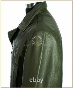 Kriegsmarine Army Green Men's German WW2 Cowhide Leather Deck Jacket Pea Coat
