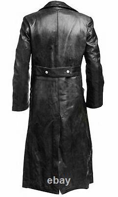 Men's German Classic WW2 Military Officer Uniform Black Leather Trench Coat