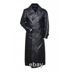 Men's German WW2 Classic Officer Black Real Sheepskin Leather Trench Coat Long