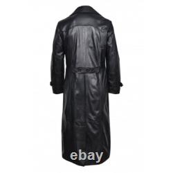 Men's German WW2 Classic Officer Black Real Sheepskin Leather Trench Coat Long