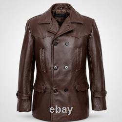 Men's German WWII KRIEGSMARINE DR WHO Pea Coat Hip Length Cowhide Leather Jacket