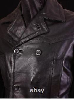 Men's German WWII KRIEGSMARINE DR WHO Pea Coat Hip Length Cowhide Leather Jacket