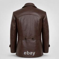 Men's German WWII KRIEGSMARINE DR WHO Pea Coat Hip Length Cowhide Leather Jacket