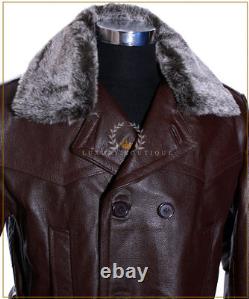 Men's Kriegsmarine Brown Fur Collar New WW2 German Leather Deck Jacket Pea Coat