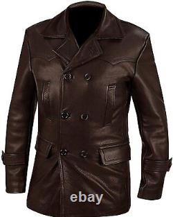 Mens German Classic Jacket WW2 Military Brown Black Cow Hide Leather Jacket coat