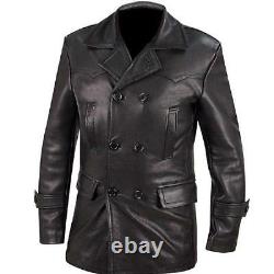 Mens German Classic Jacket WWII Military Genuine Black Cow Hide Leather Peacoat