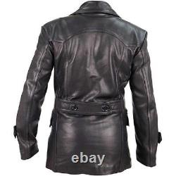 Mens German Classic Jacket WWII Military Genuine Black Cow Hide Leather Peacoat