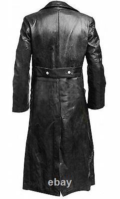 Mens German Classic Trench Coat WW2 Military Officer Uniform Black Leather Coat