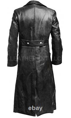 Mens German Classic WW2 Military Officer Cosplay Black Real Leather Trench Coat