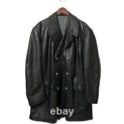 Vintage WW2 German Officers Horsehide Leather Pea Coat Jacket Black 52 42 23.5