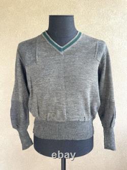 WW2 German Army Heer Sweater, Gray Wool V-neck, Green Band, Repairs, Medium