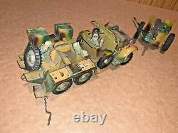 WWII TIN WIND UP ARMY VEHICLE w TOY GERMAN SOLDIERS CANNON LINEOL ELASTOLIN WW2