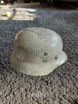 Ww2 German Helmet, Winter Camo, battle damage on Top, Good Liner Size 58