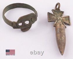 Ww2 WWII Ring SKULL Bones CROSSbones 1941 Iron CROSS Bullet PENDANT German ARMY