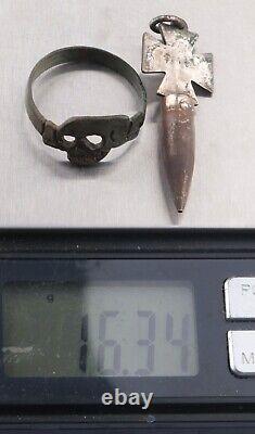 Ww2 WWII Ring SKULL Bones CROSSbones 1941 Iron CROSS Bullet PENDANT German ARMY