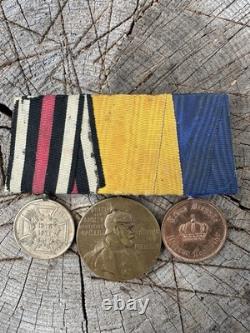 Barre de médailles originale de l'armée impériale allemande de la Première Guerre mondiale, 3 médailles de la guerre prussienne, Kaiser