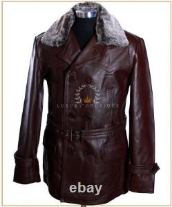 Collier Pour Hommes Kriegsmarine Brown Fur New Ww2 German Leather Deck Jacket Pea Coat