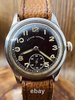 Montre-bracelet militaire rare de l'armée allemande REVUE - SPORT DH boîtier en acier période de la Seconde Guerre mondiale #6469