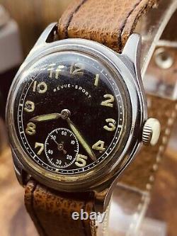 Montre-bracelet militaire rare de l'armée allemande REVUE - SPORT DH boîtier en acier période de la Seconde Guerre mondiale #6469